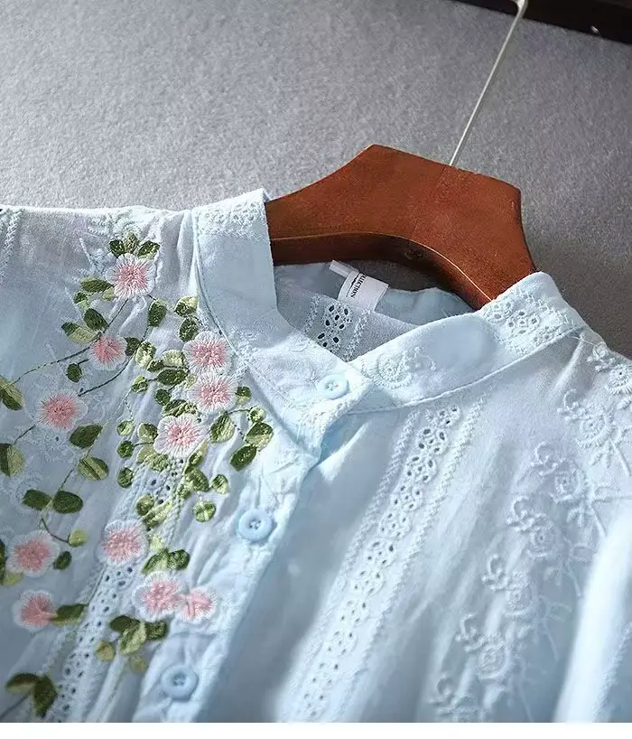 Retro dámska košeľa čipka, adt vyšívaný top, jedno zapínanie, rukávy 2025, ležérna kvetinová blúzka, jar, leto, 3/4