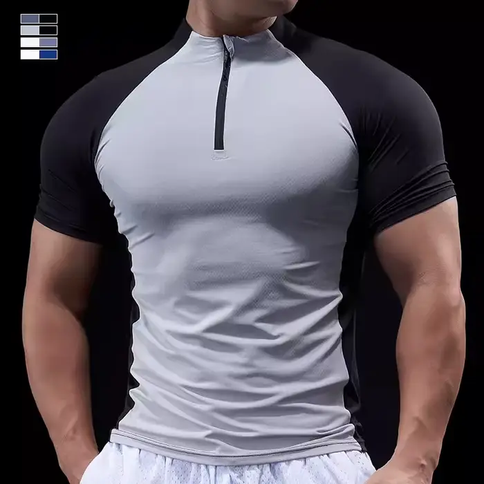 Pánske kompresné bežecké tričko s polom na zips Fitness priliehavé športové