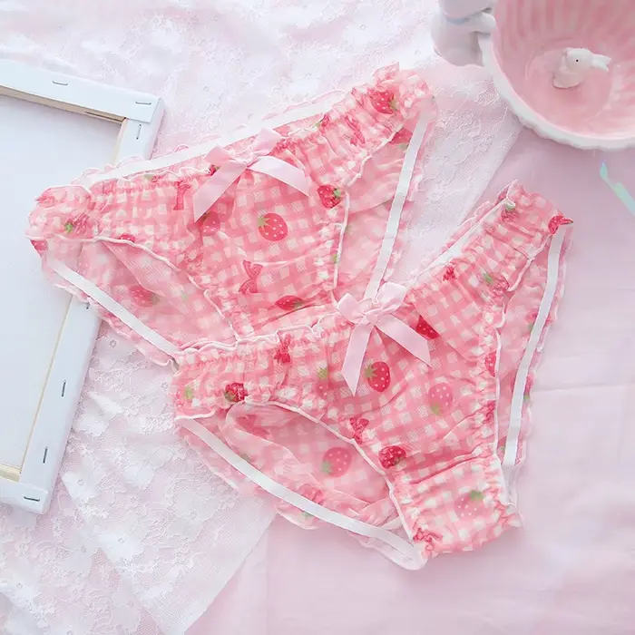 Roztomilá jahodová školáčka nohavičky Sexy sieťované priedušné japonské Kawaii Lolita spodné prádlo pre ženy tangá