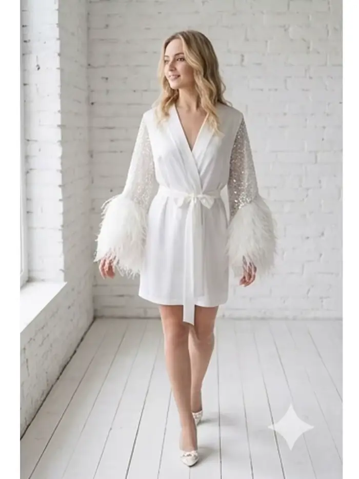 Robe de mariée de luxe en soie satinée avec manches à plumes et sequins pour femmes, idéale pour cérémonies de mariage, soirées de gala et présentations de mode