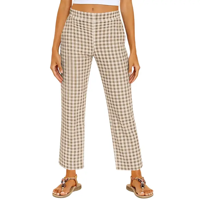 Pantalon décontracté à jambe droite à taille élastique en vichy pour femmes, à porter au quotidien, 