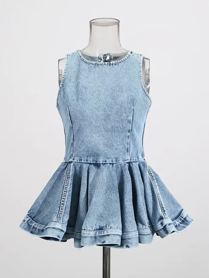 TWOTWINSTYLE Ensemble deux pièces en jean à plis superposés pour femme, haut chic sans manches à col