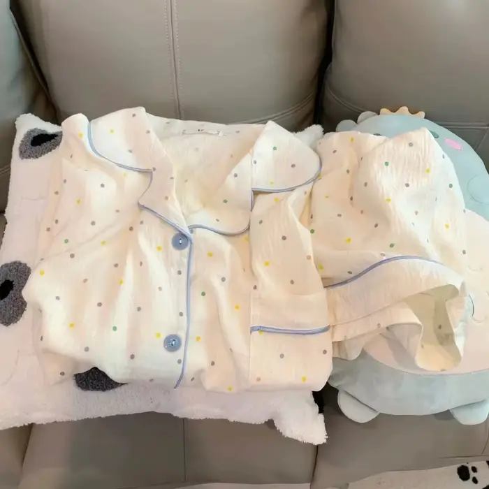 Dámske polka dot tlačené bavlnené pyžamo set, krátky rukáv top a šortky, 2-dielna sada, ležérne a pohodlné set pre domácnosť, mäkké