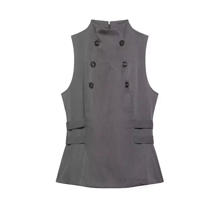Gilet décontracté pour femme, bicolore, à double boutonnage, col montant, sans manches, cintré à la 