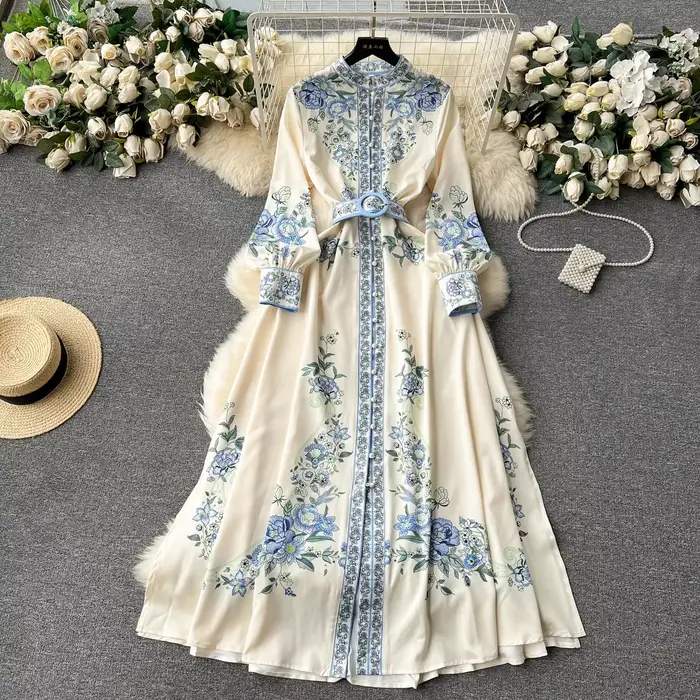 Robe Longue à Col Montant pour Femme, Manches Lanternes, Imprimé Floral, Simple Boutonnage, Ceinture