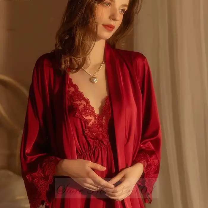 Burgundská čipka Kimono nočná košeľa, sexy nočná košeľa, Župan šaty, saténové nočné oblečenie, letné domáce oblečenie, relaxačné oblečenie, 2 kusy