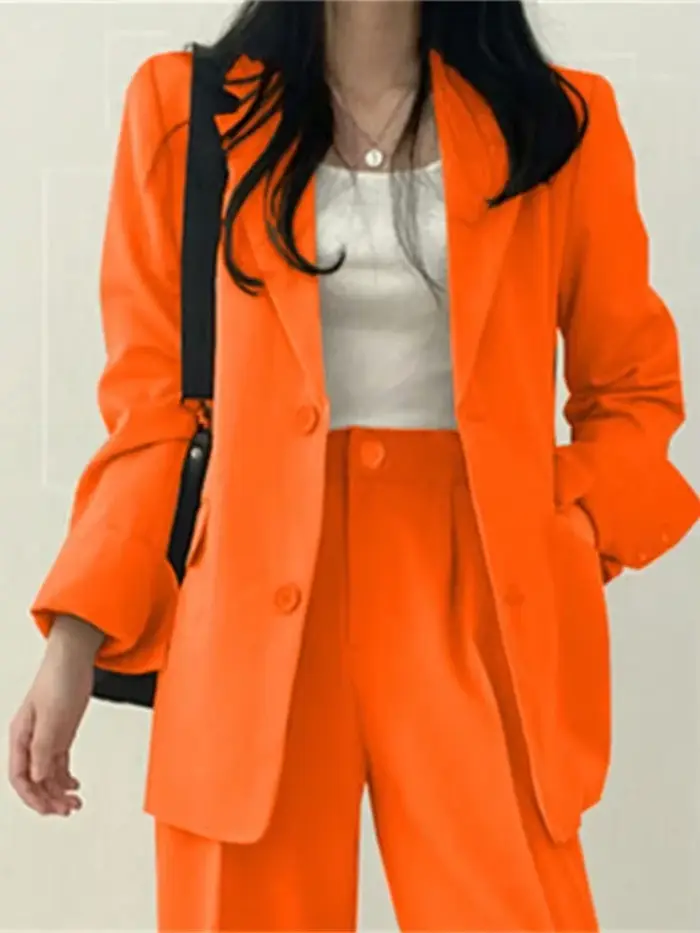 Dámske elastan Polyester sako a nohavice Set, Stredná veľkosť, rebrovaný golier sako, široké nohavice nohavice, moderné fit, jarné letné obdobie, profesionálne príležitosti