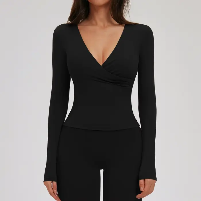 T-Shirt de Sport à manches longues pour femmes, col en v profond, Yoga, Sexy, rembourré sur la poitr