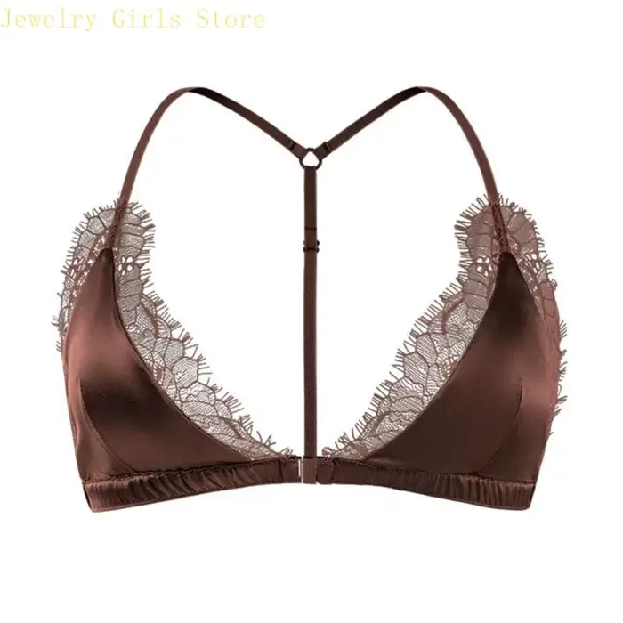 E56F – soutien-gorge licou en dentelle avec fermeture sur le devant, sans fil, décolleté en V profon