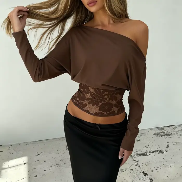 SUCHCUTE elegantné odhalené ramená čipka zdobená definovaný pás retro streetwear pevný dlhý rukáv tričko p