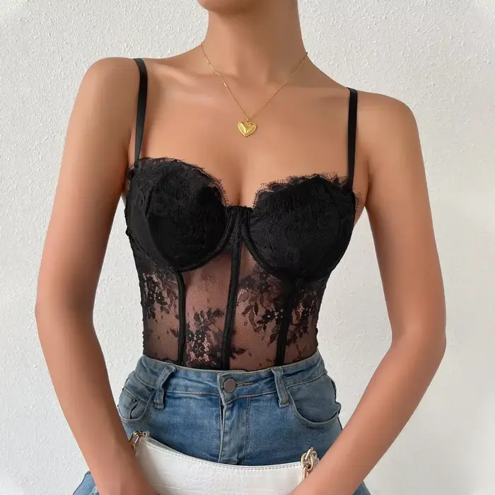 Sexy polyester a elastan korzet s čipkou pre ženy, bustiers a ohlávka, elegantné spodná bielizeň pre špeciálne príležitosti