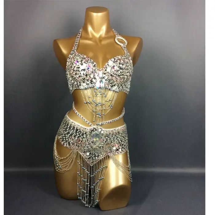 Vente chaude femmes perles paillettes danse du ventre Suite ceinture + soutien-gorge Samba Costumes Club USA soutien-gorge taille 34B,36B,38B,40B,34D,36D,38D,40D