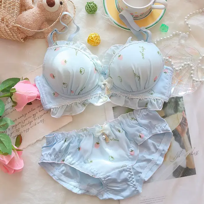 Ensemble de lingerie fraise douce pour femmes, grande taille, mignon, imprimé de dessin animé japona