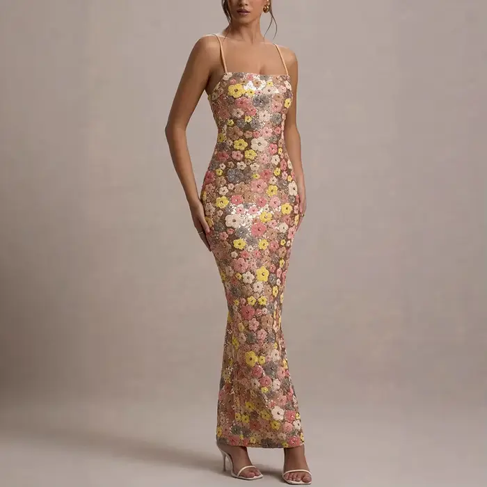 Summ femmes fleurs paillettes Patchwork mince fête longue robe sans bretelles mode Maxi robe, Sexy s
