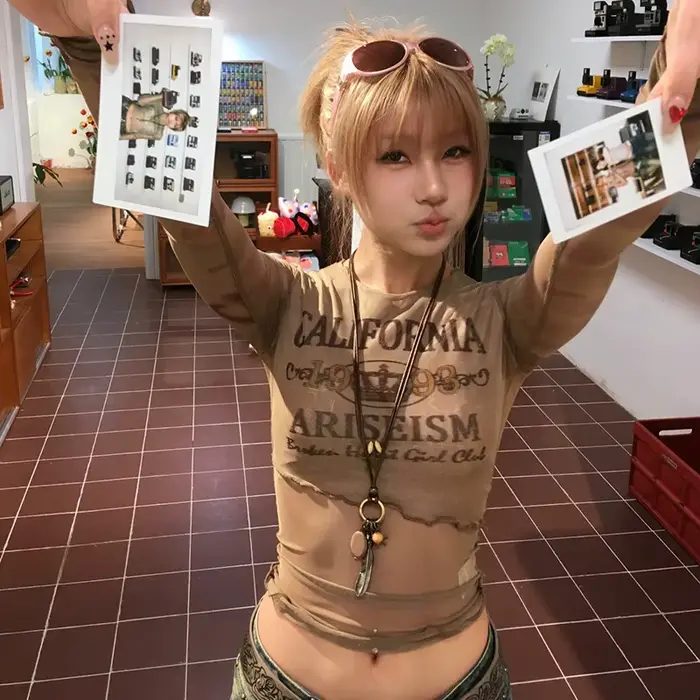 Karr233-Tričko s rukávmi sulfen Japonská sieťovina Y2k