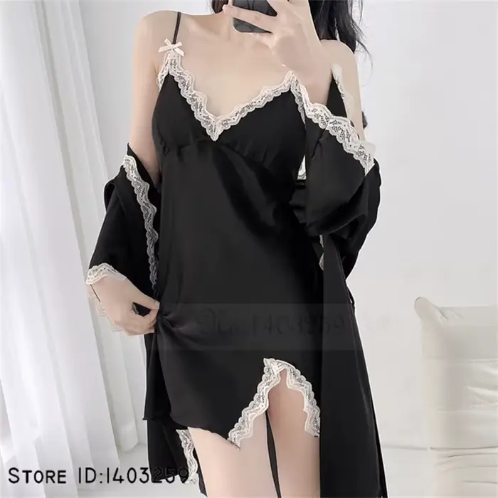 Biele svadobné šaty Set, Sexy Rayon Kimono, nočná košeľa, Čipka Trim, Príležitostné domáce oblečenie, spodná bielizeň, 2 kusy