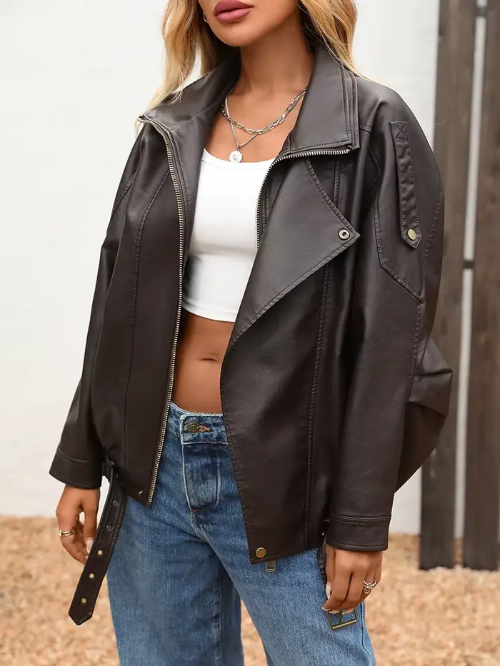 Ailegogo nová jarná/jesenná dámska streetwear retro voľná bunda z imitácie kože Moto Biker žena Vintage opasok