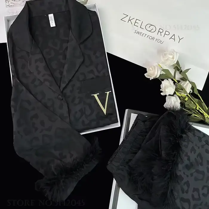 Dámske nočné oblečenie 2-dielne pyžamo Sexy leopard perie nohavice domáce