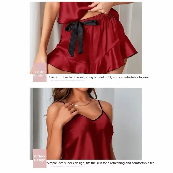 Kawaii Homewear dámske pyžamo set, V-neck, ležérne, dvojdielne, mäkké hodvábne saténové pyžamo s volánkami, pyžamo s popruhmi, jar/pád