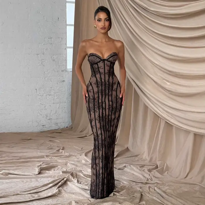 Elegantná čipková šaty bez ramienok pre ženy