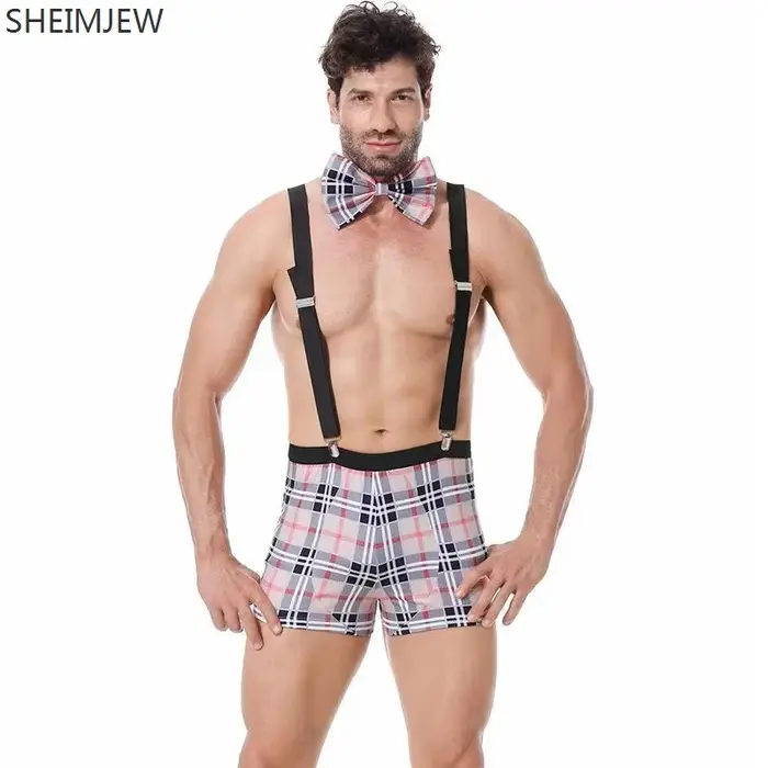 Qqa 2025 Plaid Noir Sexy ​   Costume de serveur de Lingerie, tenue à bretelles, Costumes d'halloween pour hommes, vêtements de club de fête