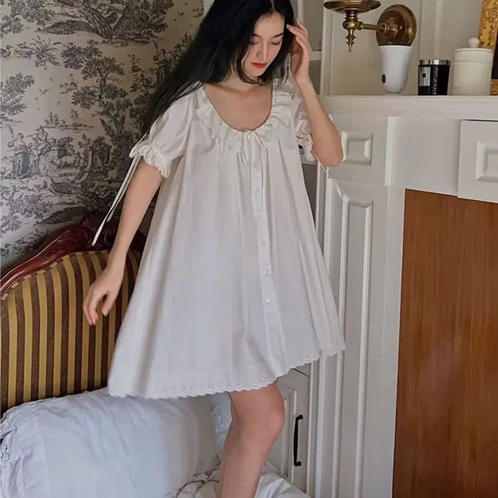 Femmes françaises douce chemise de nuit grande taille Cardigan 100% coton nuisette princesse Vintage volants col manches courtes chemises de nuit