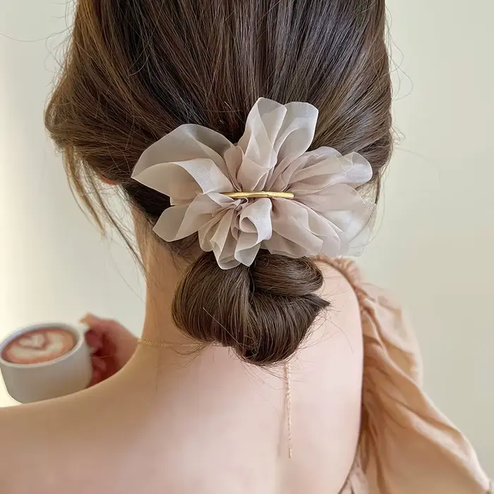 Grand printemps pinces à cheveux femmes métal mousseline de soie fleurs élastique pour queue de chev