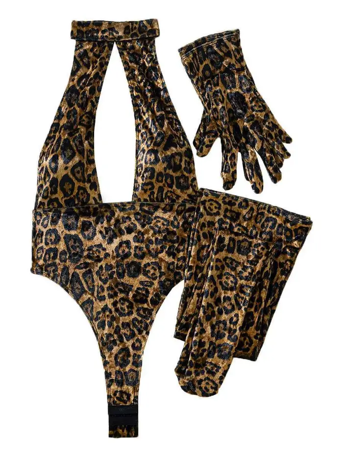Leopard tlač body pre ženy, s rukavicami, legíny, prelamované, bez chrbta, hlboké V popruhy, bez rukávov, očarujúce, jemné, 3X4C