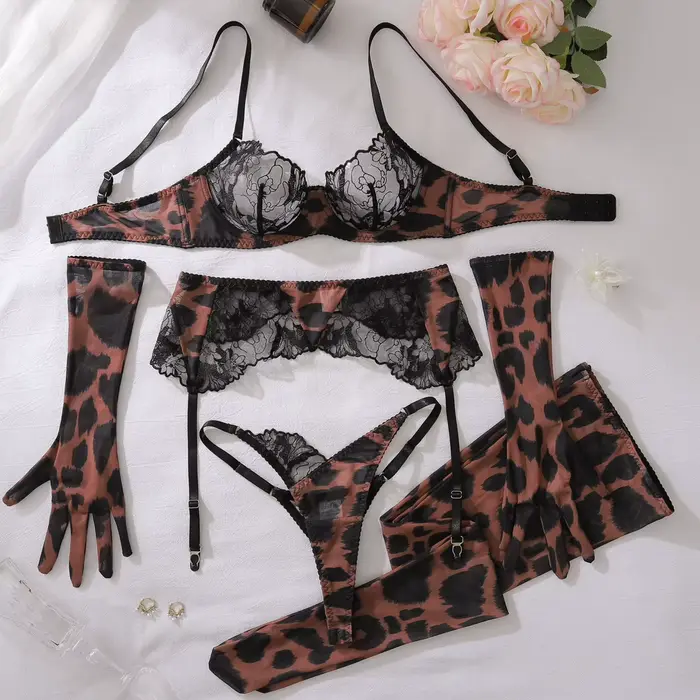 Ensemble de lingerie léopard 5 pièces pour femme, avec soutien-gorge en dentelle, bas et collier ras