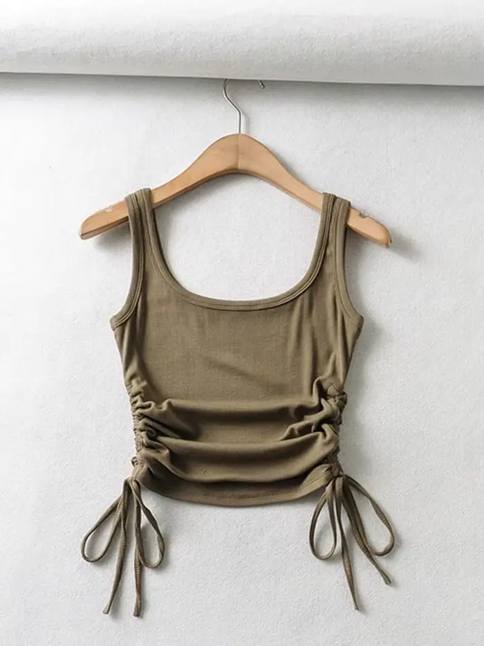 Nouveauté filles décontracté couleur unie deux côtés cordon gilet plis froncé Sexy débardeur et Cami