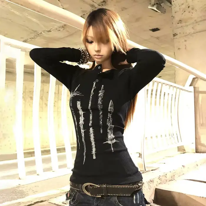 Karrcat Grunge estetický potlač tetovanie pletené topy Trashy Y2k s dlhým rukávom