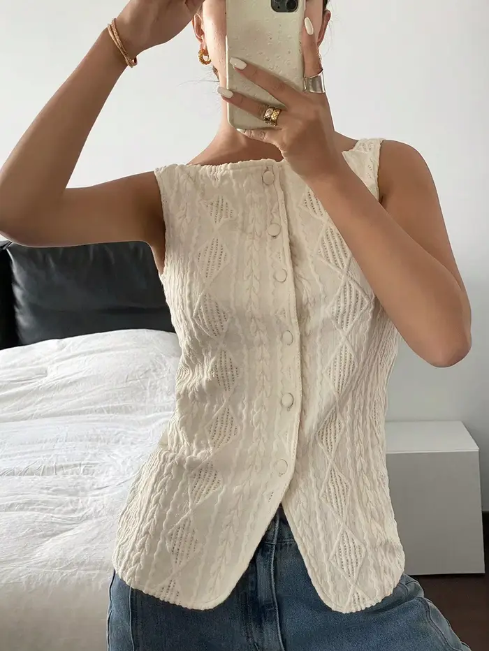 Chemise d'été décontractée sans manches pour femmes, texture géométrique, simple boutonnage
