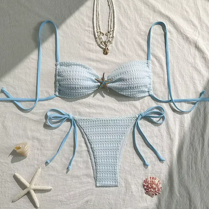 Sexy bleu ciel Micro Bikini 2026 femmes métal étoile de mer ornement plissé Push Up cravate côté str