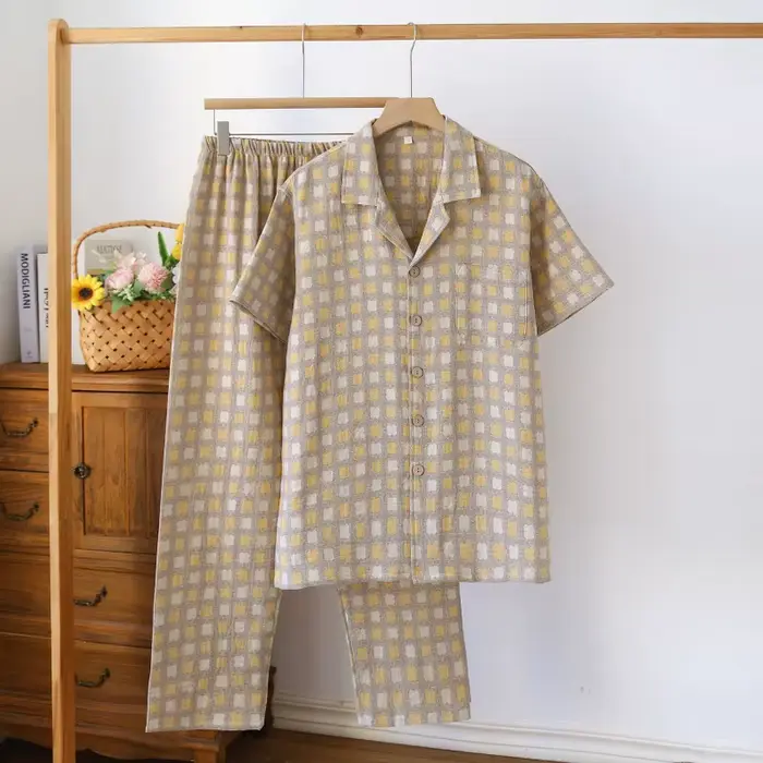 Pyjama en coton basique pour femme, plaid, manches courtes, confort maximal pour les nuits chaudes et détentes printanières