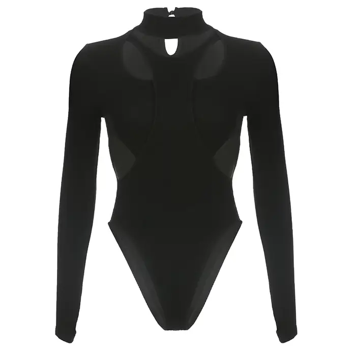 Lingerie noire Sexy évider body à manches longues body Para Mujer De Vestir Patchwork une pièce Lenc
