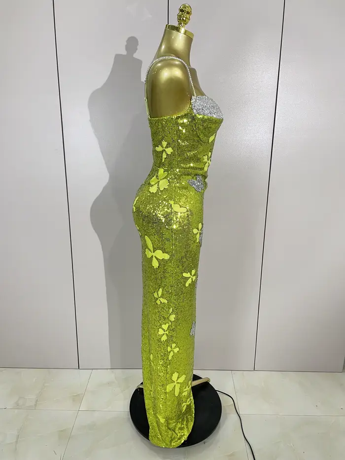Elegantný trblietavý motýľ kryštál Sexy lano zelené obtiahnuté dlhé šaty pre ženy na oslavu večierka narodenín svadobné hostky