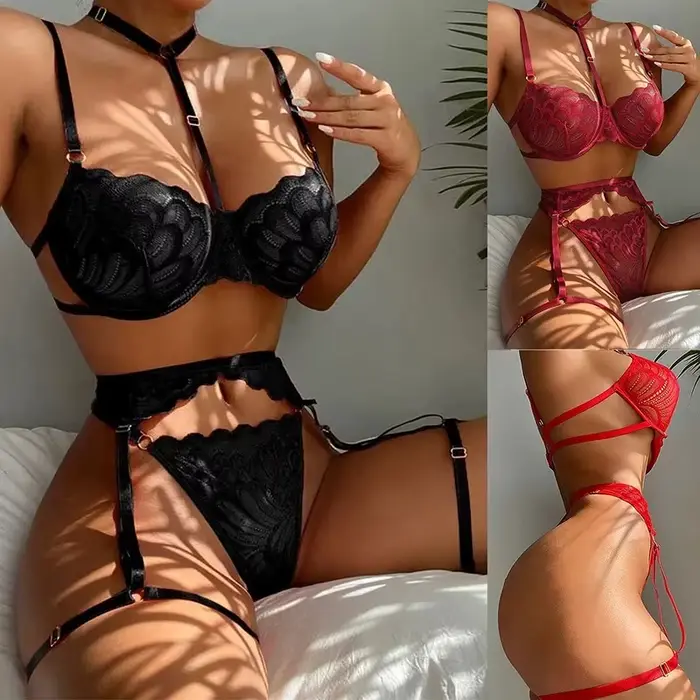 Sexy spodná bielizeň z kvetinovej čipky pre ženy, priehľadná podprsenka s popruhmi a nohavičkami s podväzkovým pásom, ideálna pre medové týždne, večer a dátum