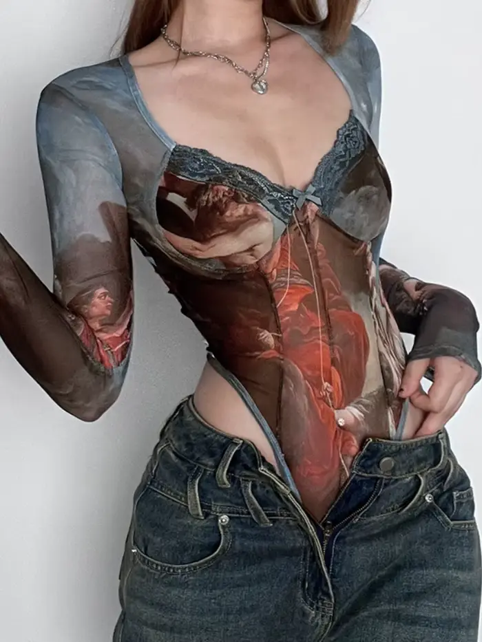 Vintage vytlačené Sexy body, priehľadná gáza spodná bielizeň, Lenceria transparente, s dlhými rukávmi, námestie krku, Bustier Top