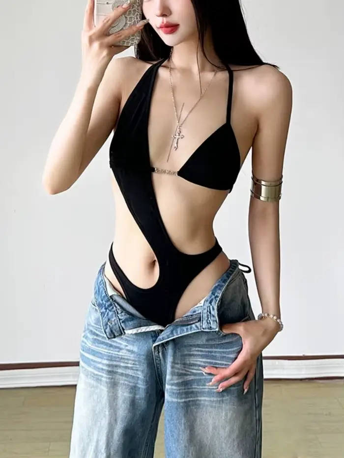 body openwork Sexy pre ženy, spodná bielizeň, na krk korzet topy, Y2k oblečenie, pevné telo, jeden kus, Rave outfit
