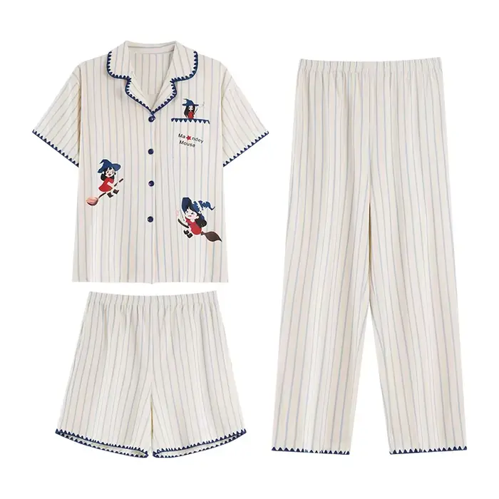 Ensemble pyjama d'été 3 pièces pour femmes, col rabattu, avec coussinet de poitrine, pyjama en coton