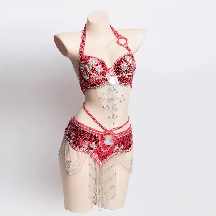 Sexy nočný kostým pre dievčatá, ručne vyrábané korálkové brušné tanečné kostýmy, podprsenka a opasok, sada 2 kusov pre ženy, karnevalové tanečné oblečenie