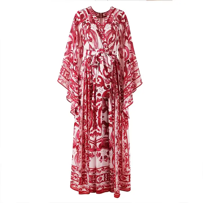 Robe de vacances à imprimé de porcelaine rouge bleu et blanc pour femmes, robe longue d'été, robe bo