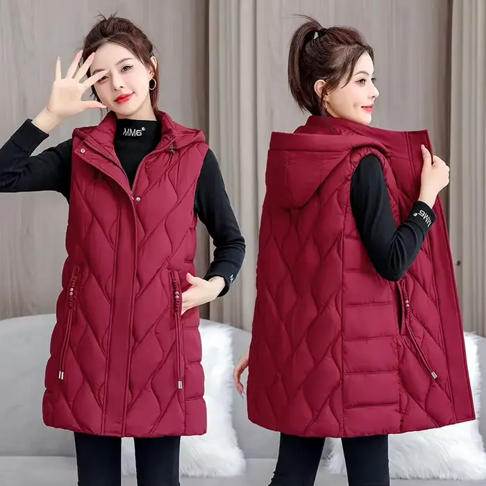 2025 automne hiver mi-long vers le bas coton veste femmes gilet manteau à capuche gilet décontracté 