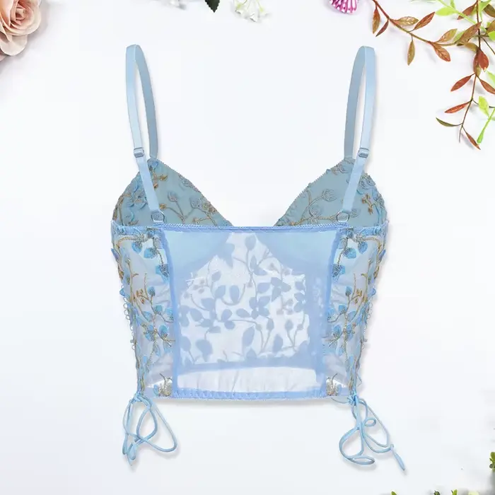 Dámske modré košieľka vesta podprsenka výšivky kvetinové korzety namontované fit univerzálne Lady vysoký korzet Sexy čipka Rayon Ultra-tenké hrubé podprsenky