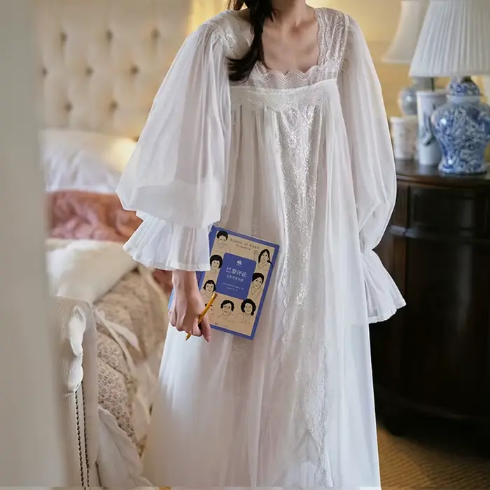Nouvelle Robe de Nuit Longue en Gaze Blanche pour Femmes Grandes, Style Princesse Cour, Robe de Cham