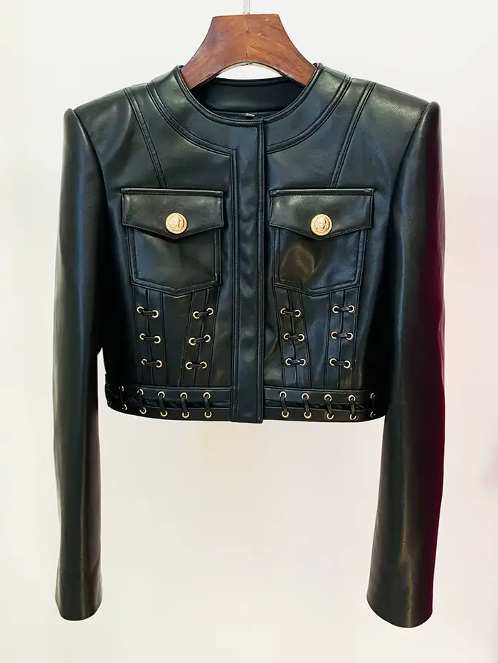 HIGH STREET Nouvelle Collection 2026 Blazer de Créateur pour Femme en Similicuir à Col Rond et Détai