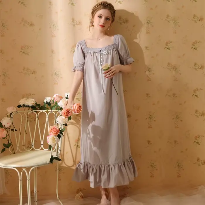 Palác štýl pyžamové šaty pre ženy, bavlnené, dlhé, sexy, retro, francúzska princezná, krátke rukávy, jednofarebné, Sleepwear, 2023