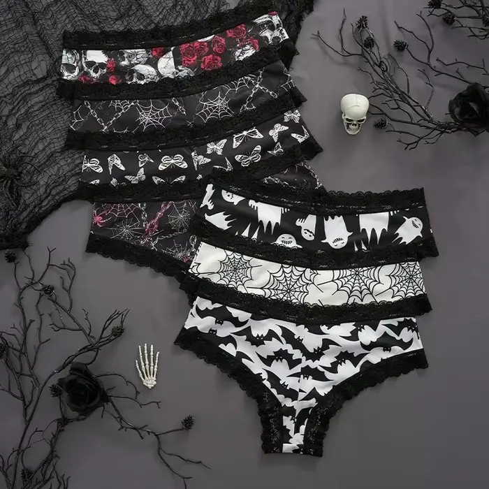Ensembles de lingerie féminine en dentelle avec motifs fantômes chauves-souris papillons style gothique culottes brèves pour femmes toutes saisons