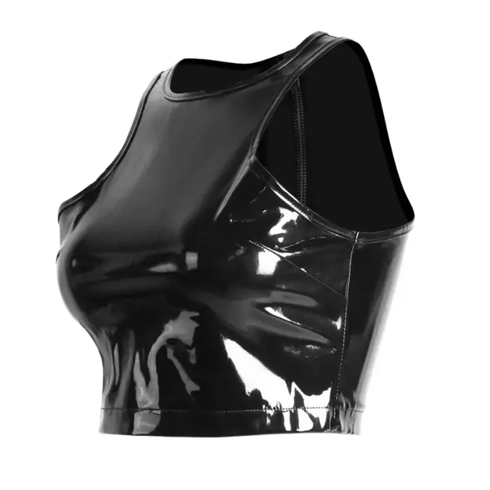 Štýlové dámske faux latex top z s lesklými zipsami pre špeciálne príležitosti a klubové výlety