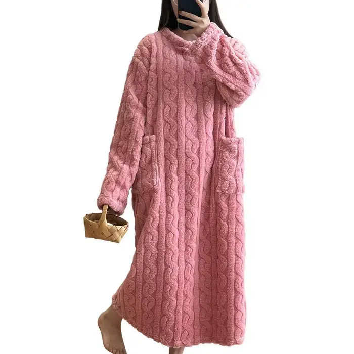 Hiver flanelle chemises de nuit à manches longues femmes ample Double poche solide vêtements de nuit